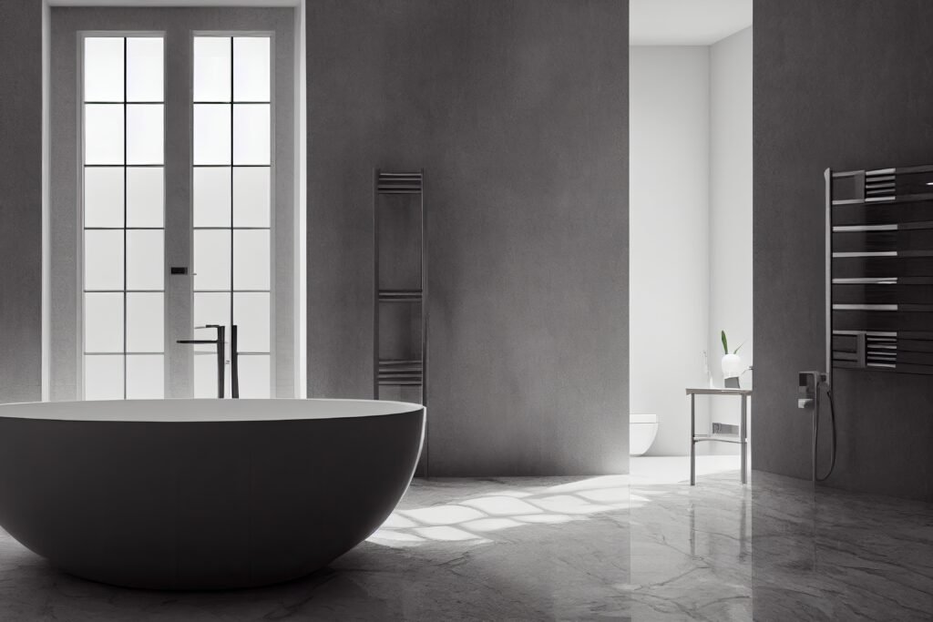 Luxury bathroom with marble. Modern interior hotel or home design with clean and elegance space. Natural lighting window. Generative AI illustration